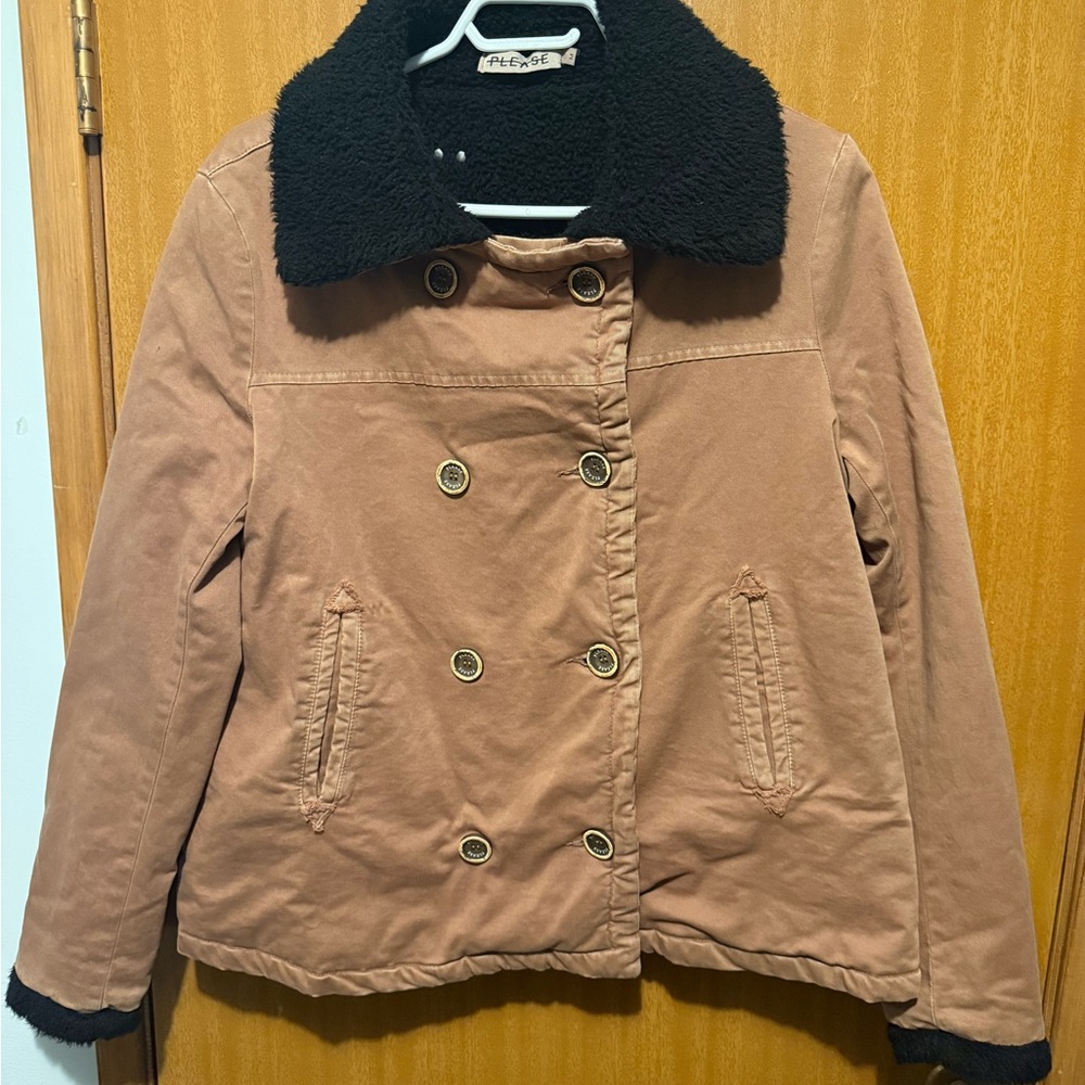 Please Tan Pea Coat with Black Collar